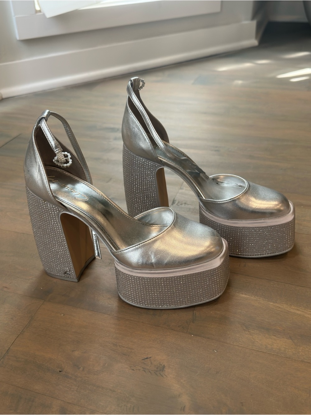 Circus NY Metallic Silver Platform High Heel Sandals with Rhinestones